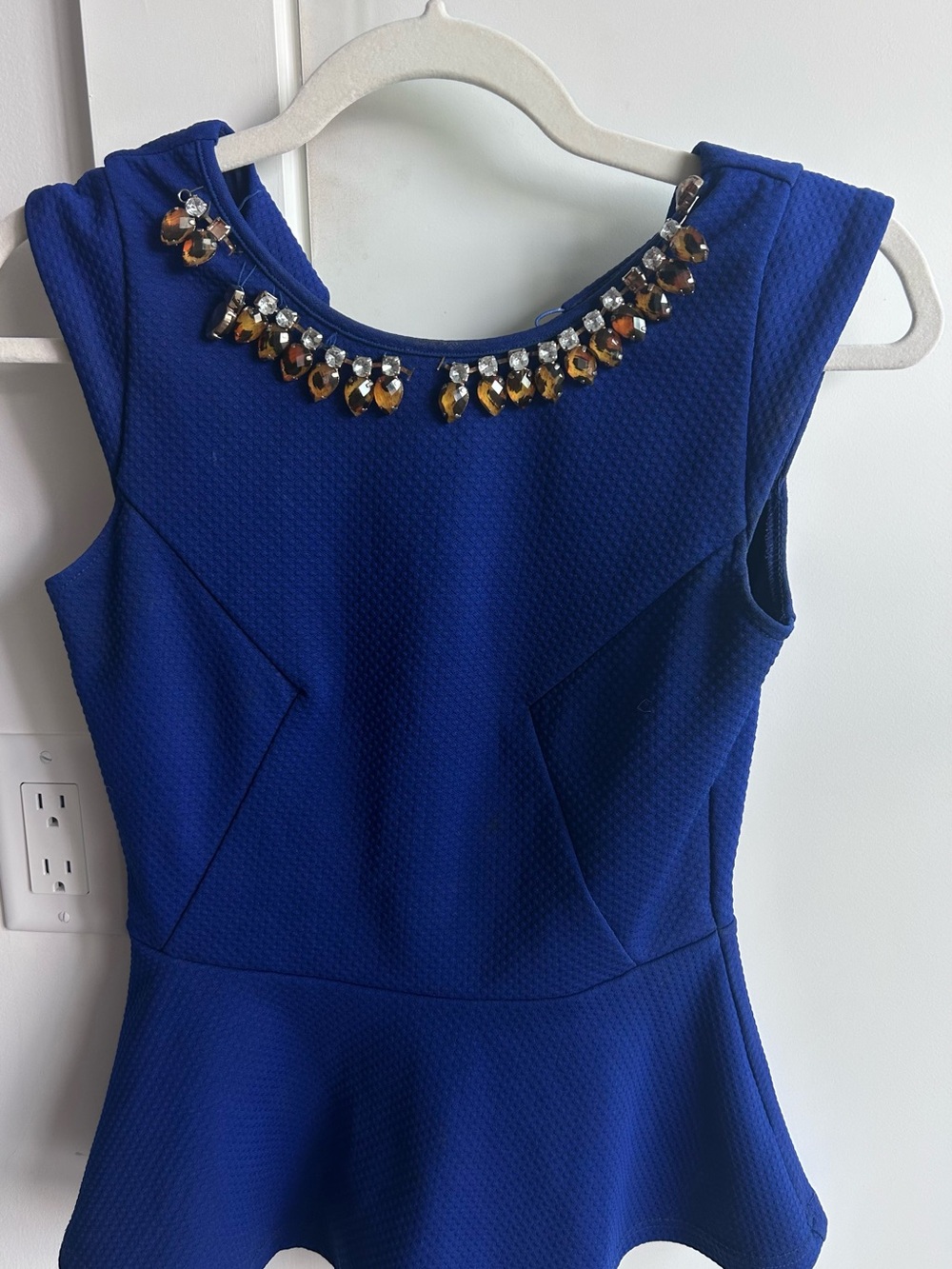 Lulumari Royal Blue Jeweled-Neck Peplum Top